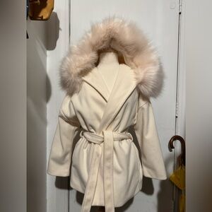 Off White Winter Belted 3/4 Length Coat With Fur Hood M